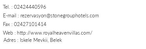 Royal Heaven Villas telefon numaralar, faks, e-mail, posta adresi ve iletiim bilgileri